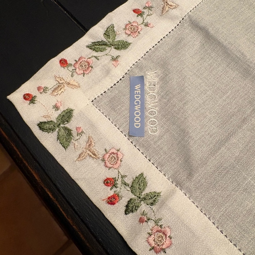 Wedgwood Ivory handkerchief with Pink & Green Floral Embroidery